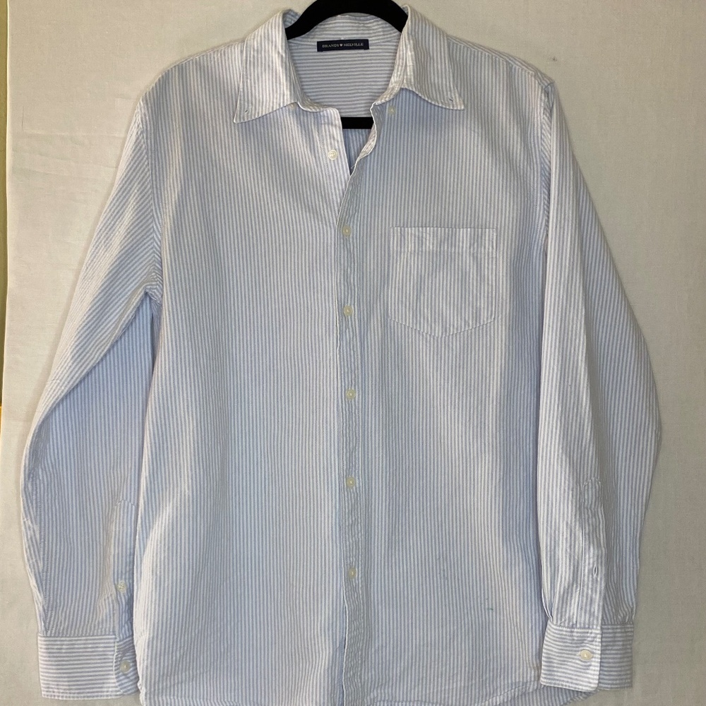 Brandy Melville Women's Button up Top, One Size, Blue & White Stripe